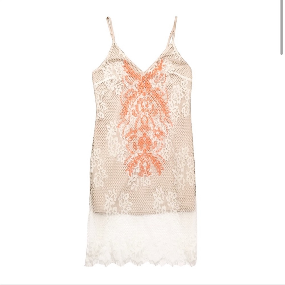 ASTR the Label Nude and Orange Lace Overlay V Neckline Slip Dress - Picture 2 of 14